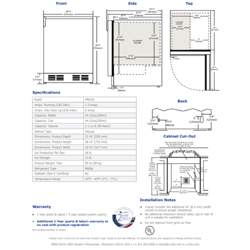 Frigorifico/Máquina de Gelo 21" - 21" Refrigerator/Ice Maker - Dake - U Line - Portugal