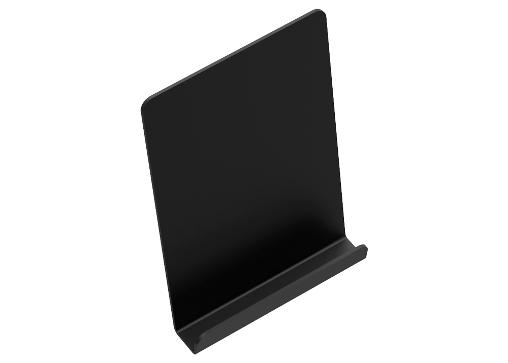 Suporte em aço inoxidável preto para tablet e smartphone.
